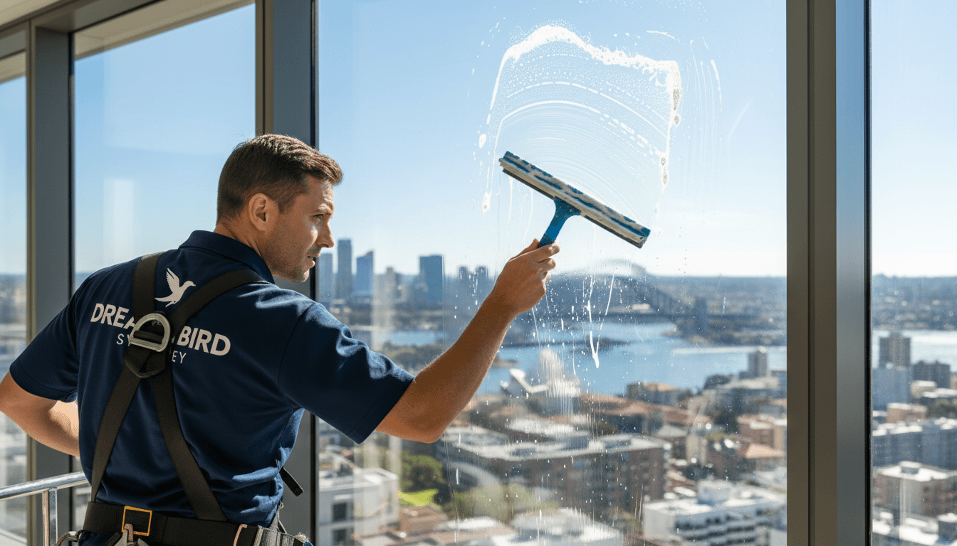 Professional Dream Bird window cleaner in Sydney using a squeegee on a residential window