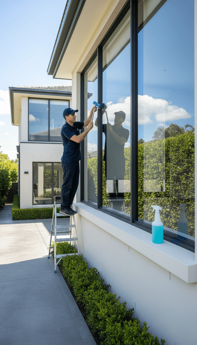 Window cleaner using a squeegee on a residential window in Sydney