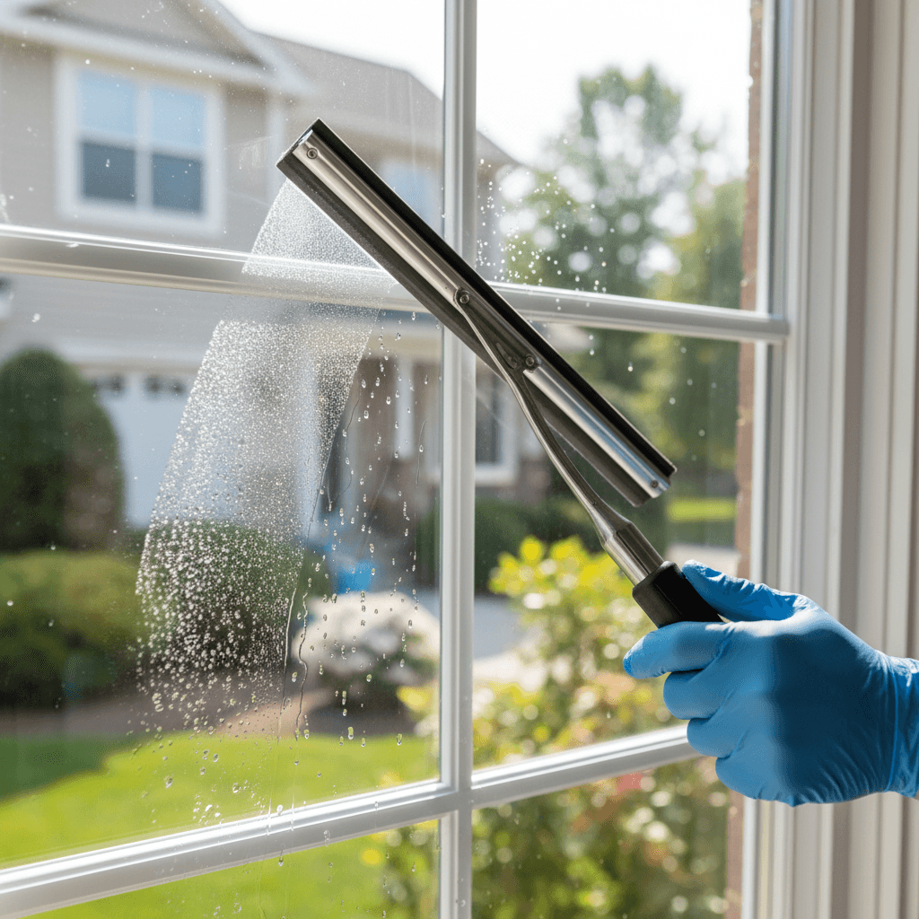 Window cleaner polishing a Sydney home's windows on a sunny morning