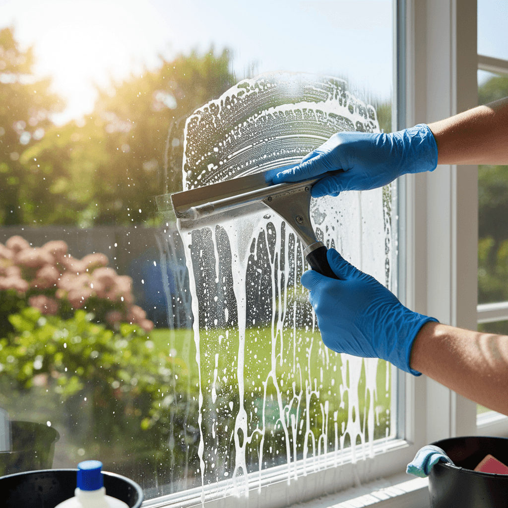 Clear, streak-free window with a squeegee resting on the sill