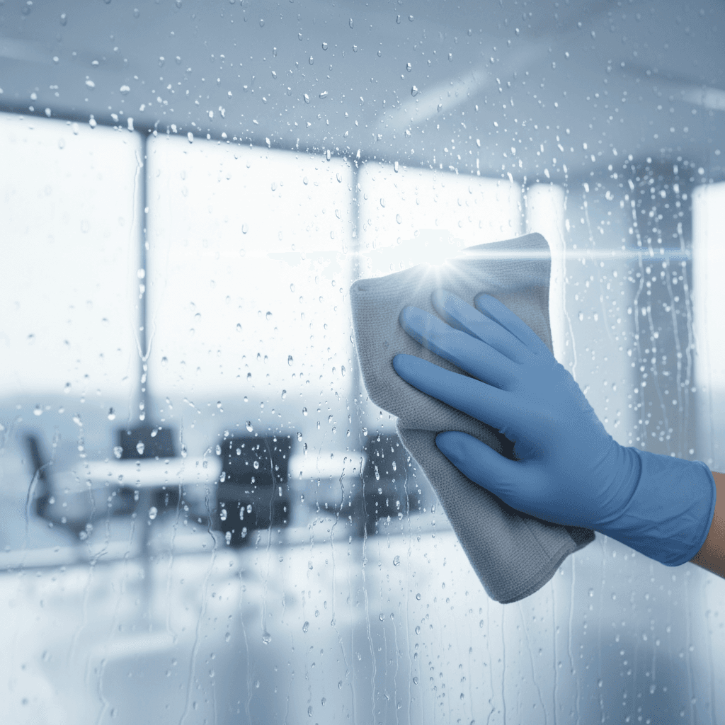 Close-up of a hand in a black glove wiping the edge of a glass pane